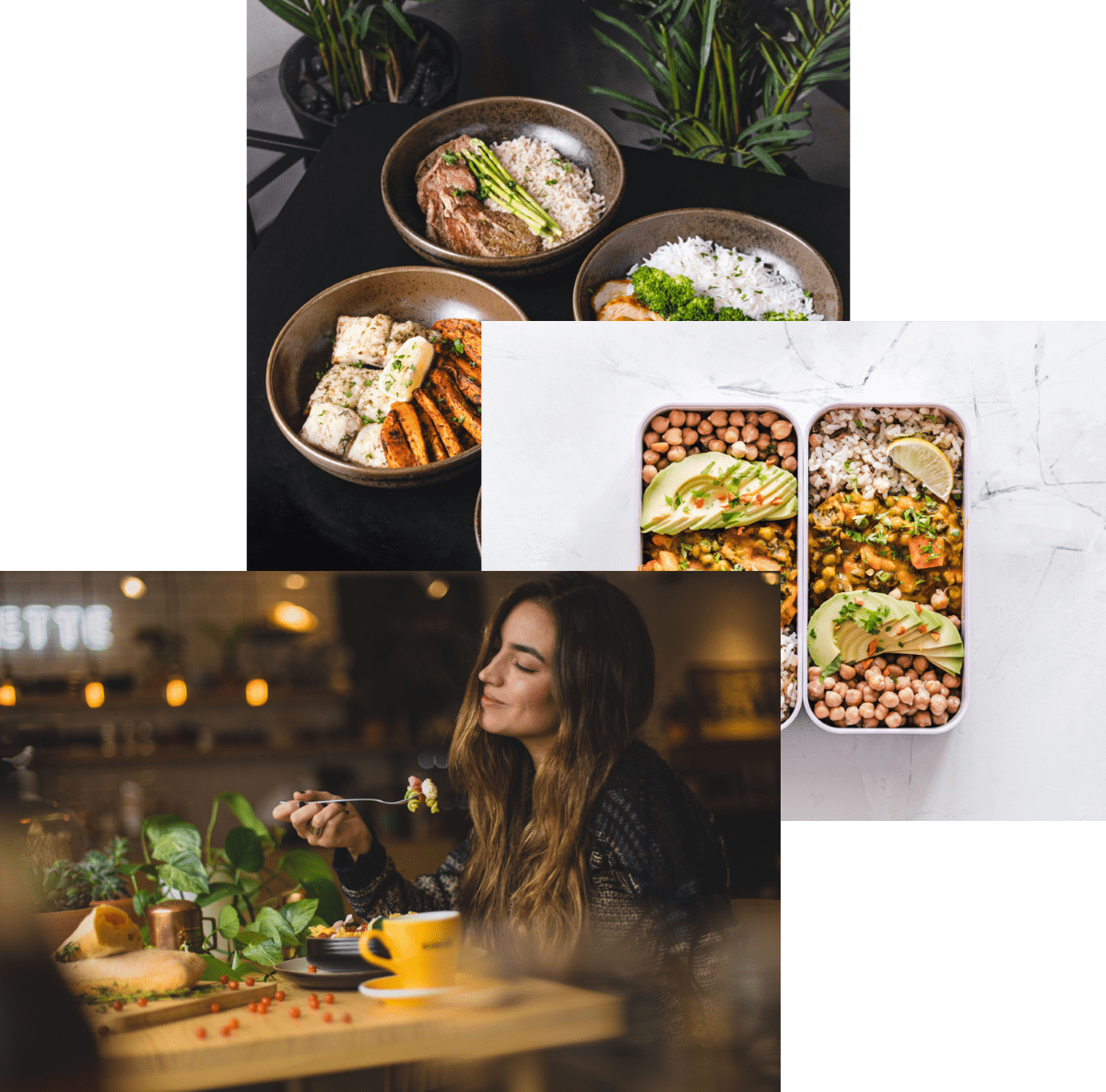 Woman enjoying food, meals in storage container and food bowls on the  table